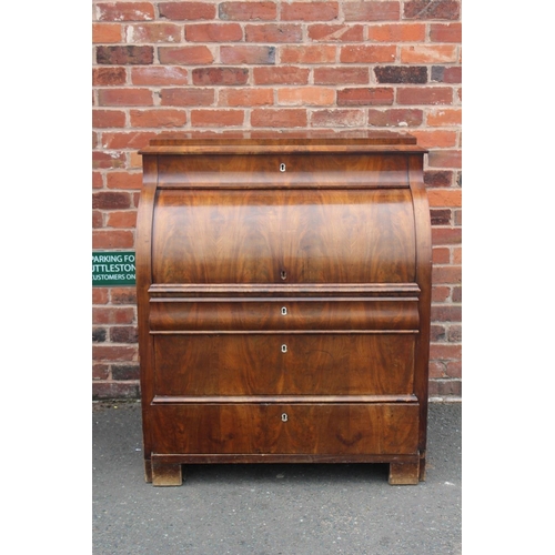 605 - A 19TH CENTURY BIEDERMEIER STYLE MAHOGANY CYLINDER BUREAU HAVING A FITTED INTERIOR,  the pull-out wr... 