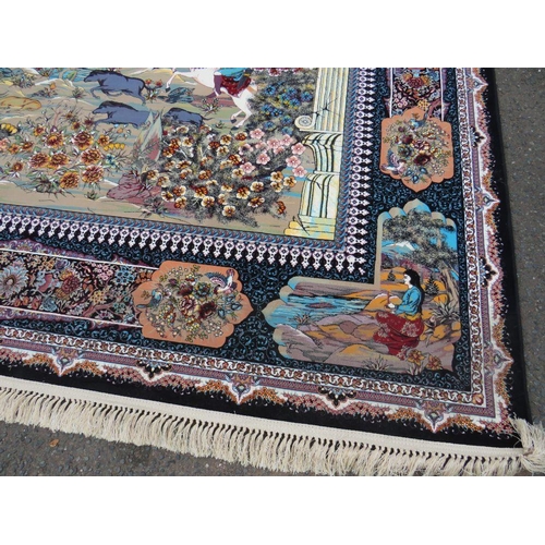 632 - A LARGE MODERN EASTERN SILK RUG DECORATED WITH A MOUNTAINOUS HUNTING SCENE 250 X 360