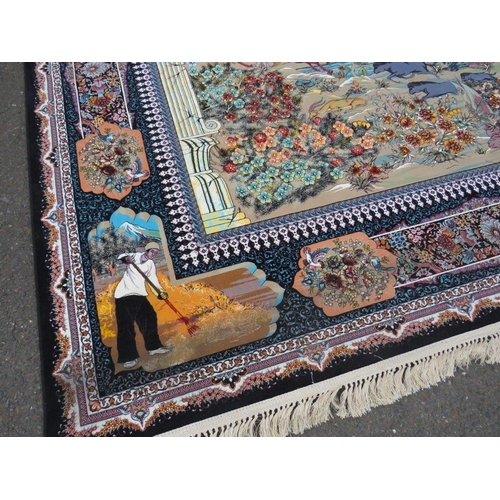 632 - A LARGE MODERN EASTERN SILK RUG DECORATED WITH A MOUNTAINOUS HUNTING SCENE 250 X 360