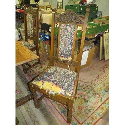 648 - AN OAK OLD CHARM REFECTORY TABLE WITH FOUR CHAIRS EACH CHAIR WITH CARVED DEDICATION TO 'HRH PRINCE C... 