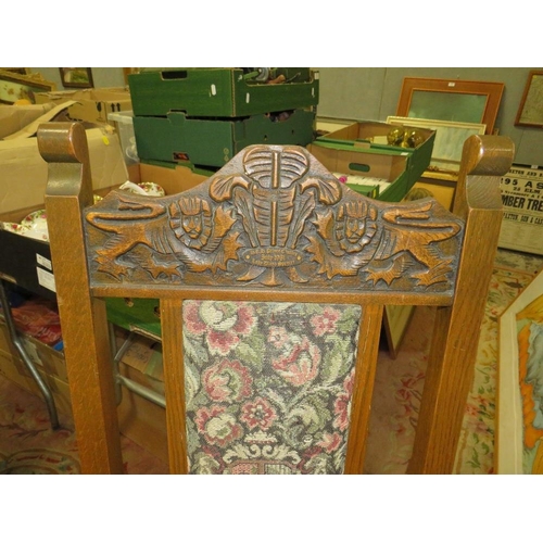 648 - AN OAK OLD CHARM REFECTORY TABLE WITH FOUR CHAIRS EACH CHAIR WITH CARVED DEDICATION TO 'HRH PRINCE C... 