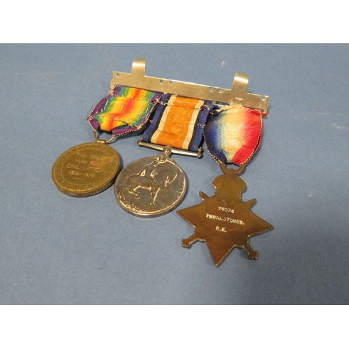 257 - THREE WORLD WAR I MEDALS AWARDED TO PNR J. STONES R.E. ON BAR