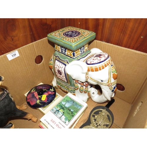 338 - A TRAY OF ASSORTED COLLECTABLES TO INCLUDE OBSERVER BOOKS, ARTIST BOXES, MOORCROFT LID, ELEPHANT FIG... 