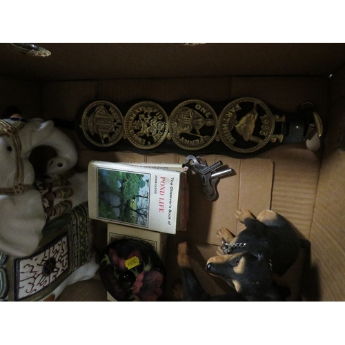 338 - A TRAY OF ASSORTED COLLECTABLES TO INCLUDE OBSERVER BOOKS, ARTIST BOXES, MOORCROFT LID, ELEPHANT FIG... 