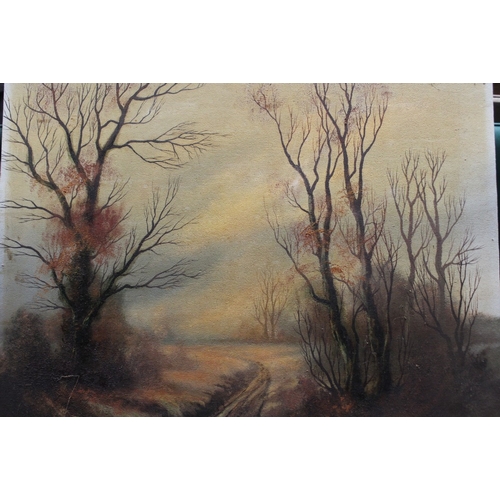 45 - AN OIL ON BOARD OF A WINTER COUNTRY SCENE SIGNED LOWER RIGHT LESLIE COLE? 24.5 X 66 CM