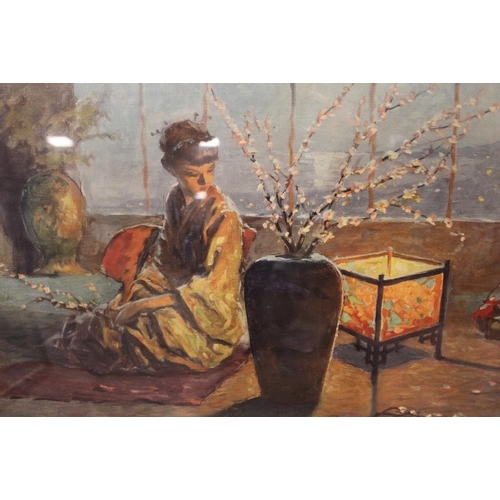 11 - A FRAMED AND GLAZED JAPANESE GEISHA OIL TOGETHER WITH TWO ART DECO ADVERTISING PRINTS