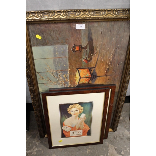 11 - A FRAMED AND GLAZED JAPANESE GEISHA OIL TOGETHER WITH TWO ART DECO ADVERTISING PRINTS