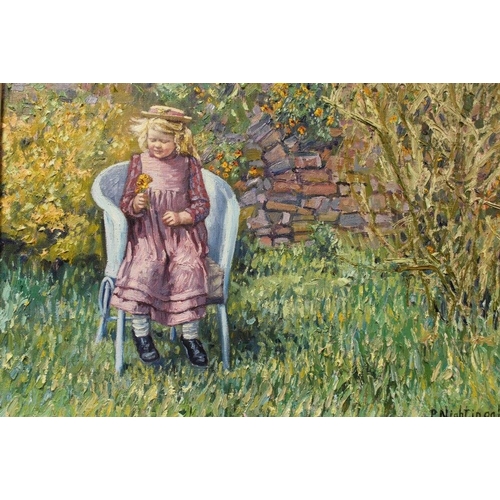 13 - A FRAMED P KNIGHTINGALE OIL ON CANVAS OF A YOUNG GIRL WITH FLOWER