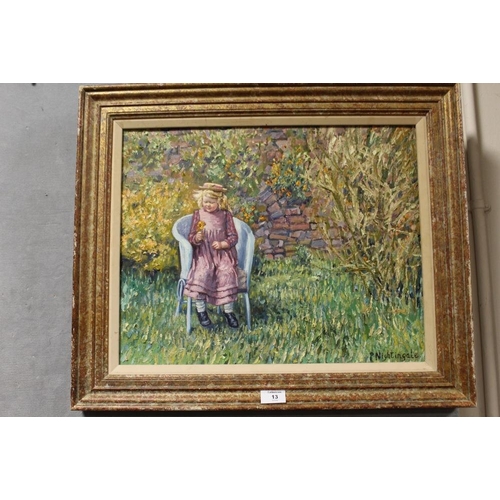 13 - A FRAMED P KNIGHTINGALE OIL ON CANVAS OF A YOUNG GIRL WITH FLOWER