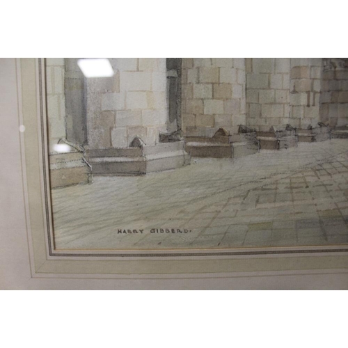 22 - TWO FRAMED  AND GLAZED WATERCOLOURS TO INCLUDE A CHURCH INTERIOR SIGNED HARRY GIBBERD