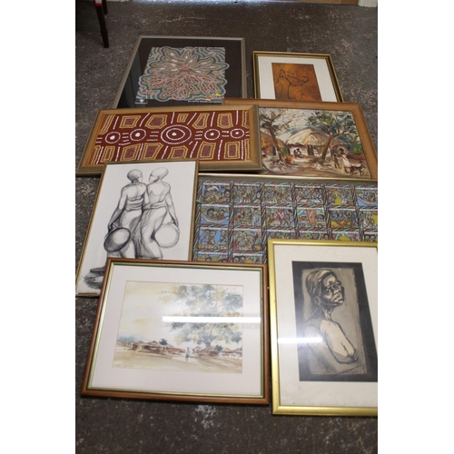 28 - A COLLECTION OF 8 ASSORTED AFRICAN PICTURES TO INCLUDE OILS, PENCIL SKETCHES ETC