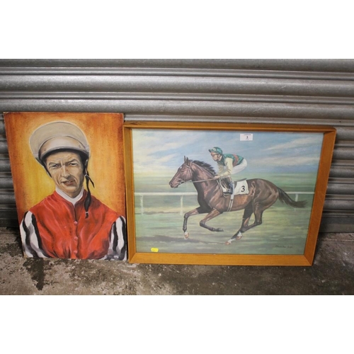 3 - A LESTER PIGGOTT OIL ON BOARD TOGETHER WITH VARIOUS HORSE RACING PICTURES, PRINTS ETC AND A COALPORT... 