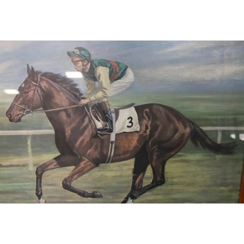 3 - A LESTER PIGGOTT OIL ON BOARD TOGETHER WITH VARIOUS HORSE RACING PICTURES, PRINTS ETC AND A COALPORT... 