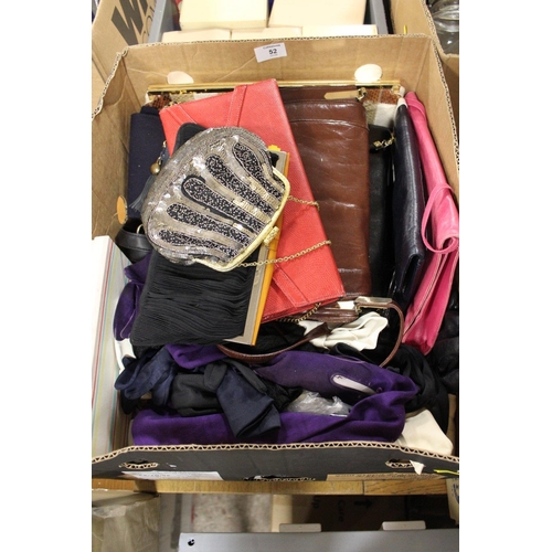 52 - A BOX OF HANDBAGS, GLOVES ETC