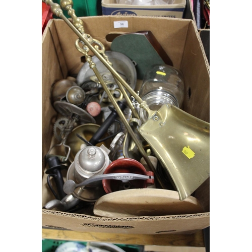 56 - A TRAY OF KITCHENALIA AND BRASSWARE ETC