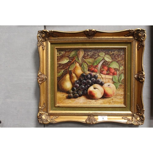 6 - A GILT FRAMED A WILSON OIL ON BOARD STILL LIFE WITH THREE PEARS