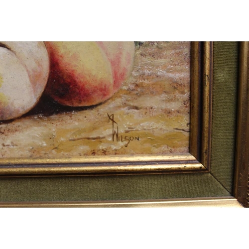 6 - A GILT FRAMED A WILSON OIL ON BOARD STILL LIFE WITH THREE PEARS