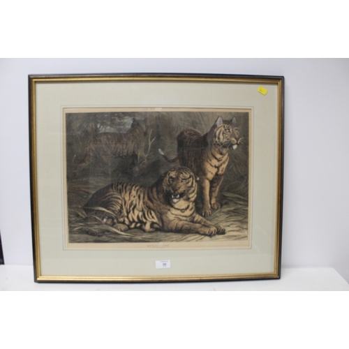 30 - FOUR ASSORTED FRAMED AND GLAZED PRINTS TO INCLUDE A TIGER COLOUR ENGRAVING ENTITLED 'ROYAL GAME' - H... 