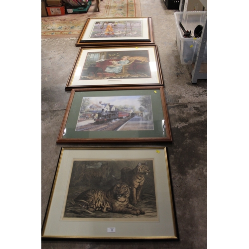 30 - FOUR ASSORTED FRAMED AND GLAZED PRINTS TO INCLUDE A TIGER COLOUR ENGRAVING ENTITLED 'ROYAL GAME' - H... 