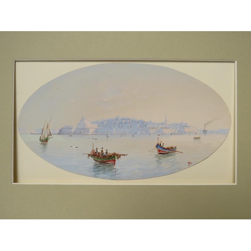 113 - JOSEPH BONELLO (b.1900). An oval view of Valetta harbour, Malta, with boats and figures, signed with... 