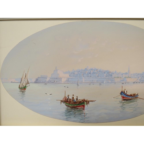 113 - JOSEPH BONELLO (b.1900). An oval view of Valetta harbour, Malta, with boats and figures, signed with... 