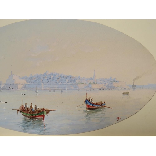 113 - JOSEPH BONELLO (b.1900). An oval view of Valetta harbour, Malta, with boats and figures, signed with... 