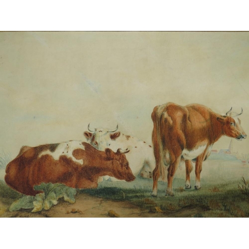 115 - T. S. COOPER. (XIX-XX). British school, coastal landscape with cattle resting, town beyond, signed l... 