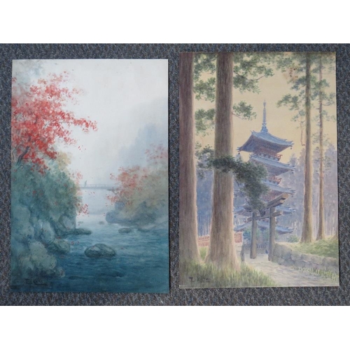 118 - E. KATO (b.1900). Japanese school, wooded river landscape with figure on footbridge, together with w... 