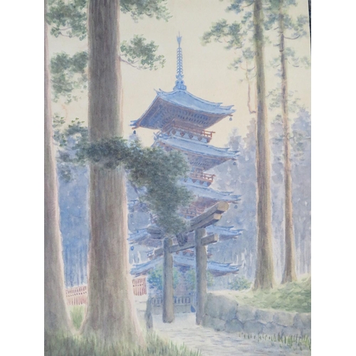 118 - E. KATO (b.1900). Japanese school, wooded river landscape with figure on footbridge, together with w... 