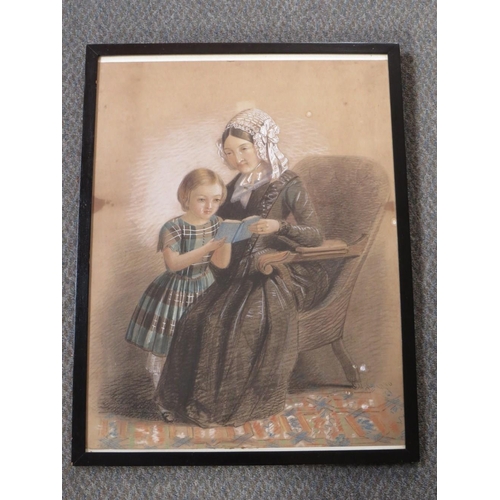 15 - AN INTERIOR SCENE WITH SEATED WOMAN & YOUNG CHILD READING, signed and dated 1850 lower right, mixed ... 