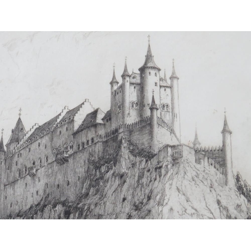 23 - HENRY PERCY HUGGILL (1886-1957). A Continental wooded river landscape with figures and hill top chat... 