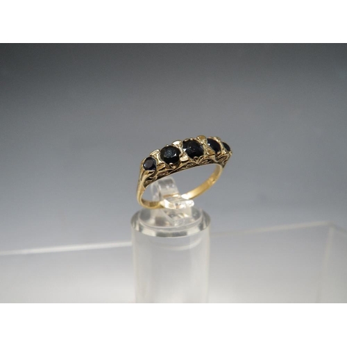 247 - A HALLMARKED 9CT GOLD FIVE STONE SAPPHIRE HALF ETERNITY STYLE DRESS RING, ring size Q ½, approximate... 
