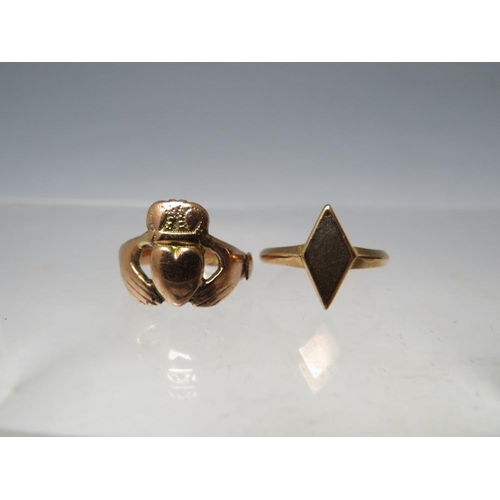 266 - A 9CT GOLD CLADDAUGH RING A/F, size P, approx 3.95 g, together with a hallmarked 9ct gold and diamon... 