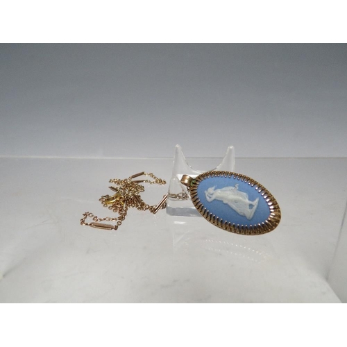 268 - A HALLMARKED 9CT GOLD WEDGWOOD PENDANT, suspended from an unmarked yellow metal chain, together with... 