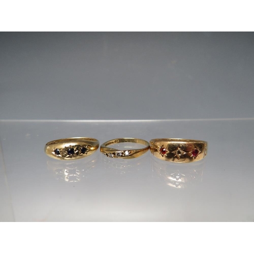 277 - A VINTAGE 15 CT GOLD GEMSET RING, ring size P, approx 1.97 g, together with two 9ct gold rings - com... 