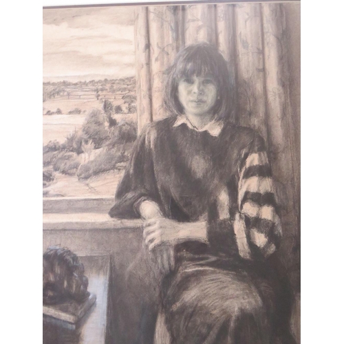 29 - A 20TH CENTURY INTERIOR SCENE, with seated young woman before a window, landscape beyond, indistinct... 