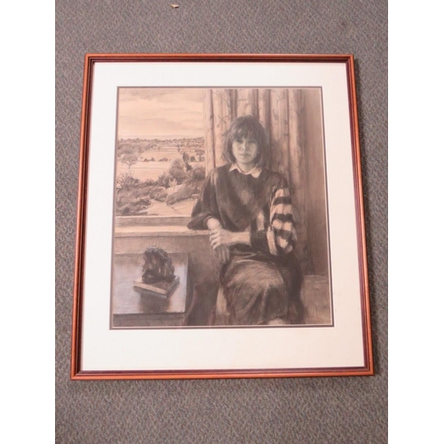 29 - A 20TH CENTURY INTERIOR SCENE, with seated young woman before a window, landscape beyond, indistinct... 