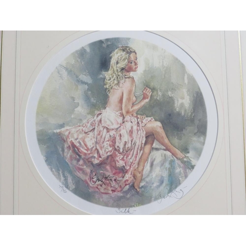 33 - GORDON KING (b.1939). A pair of circular semi-nude female studies 'Silk & Lace', signed in pencil lo... 