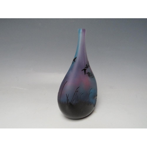 420 - AN ED BURKE E & M STUDIO GLASS SCENIC VASE, black cased, being acid etched to reveal a blue and purp... 