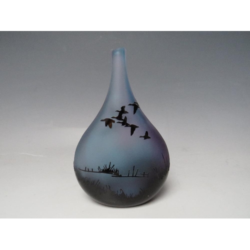 420 - AN ED BURKE E & M STUDIO GLASS SCENIC VASE, black cased, being acid etched to reveal a blue and purp... 