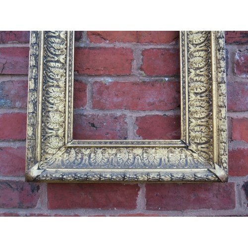 57 - A 19TH CENTURY GOLD FRAME WITH DECORATIVE INNER DESIGN AND ACANTHUS LEAF DESIGN TO OUTER EDGE, frame... 