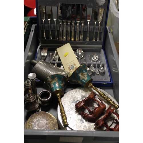 148 - A TRAY OF METALWARE TO INCLUDE CASED PART CANTEEN OF CUTLERY