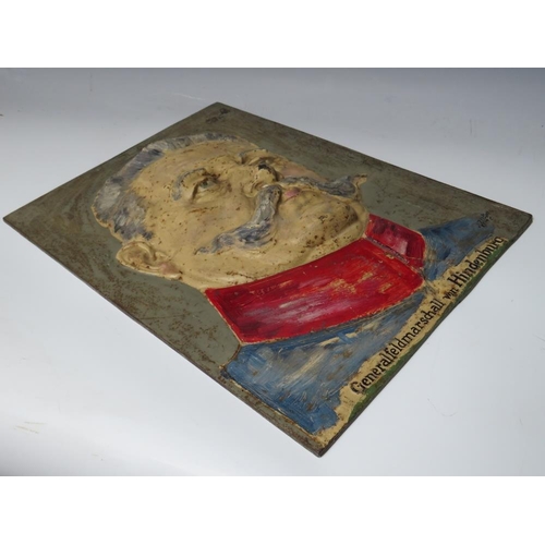 30 - A COLOURED PORTRAIT STUDY IN RELIEF ON CAST IRON PLAQUE, of General Feldmarschall von Hindenberg, in... 