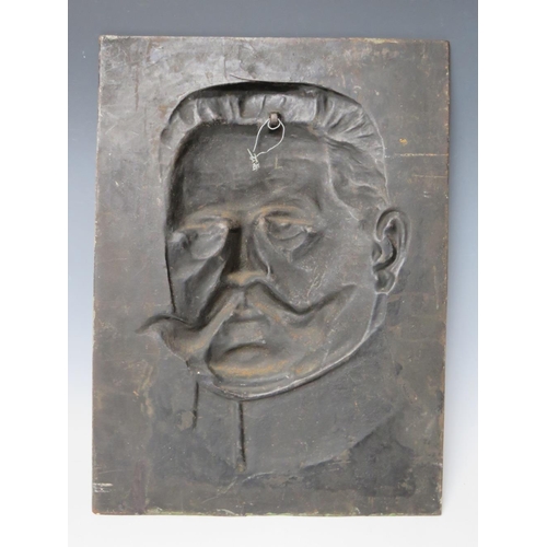 30 - A COLOURED PORTRAIT STUDY IN RELIEF ON CAST IRON PLAQUE, of General Feldmarschall von Hindenberg, in... 