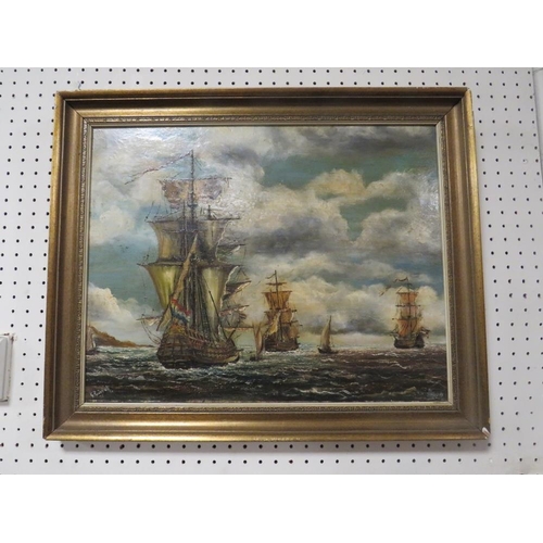 45 - A GILT FRAMED OIL ON BOARD OF DUTCH SAIL SHIPS, INDISTINCTLY SINGED LOWER LEFT G. RODERICK;