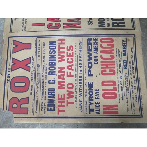 48 - THREE ANTIQUE POSTERS FOR THE ROXY CINEMA IN HANLEY DATED 1939 (A/F)