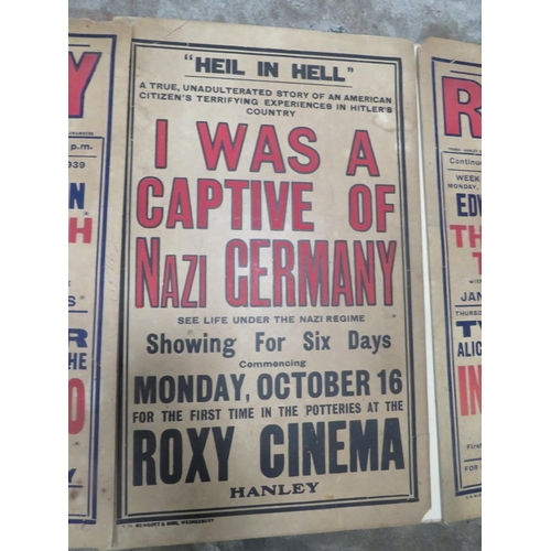 48 - THREE ANTIQUE POSTERS FOR THE ROXY CINEMA IN HANLEY DATED 1939 (A/F)