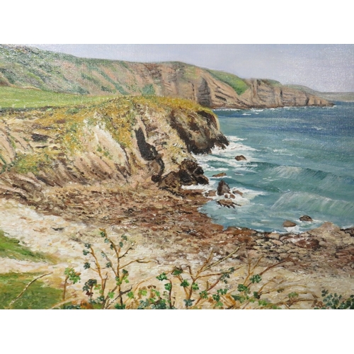 29 - A GILT FRAMED OIL ON BOARD OF A ROCKY COASTAL SCENE SIGNED LOWER RIGHT J BROADMEADOW LOWER RIGHT