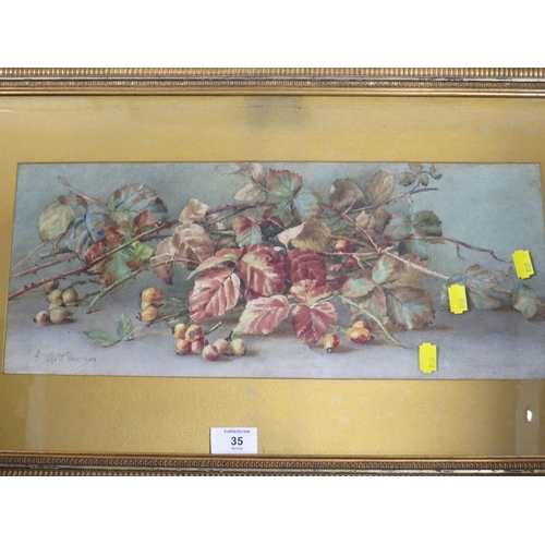 35 - A SELECTION OF FRAMED AND GLAZED PICTURES AND PRINTS TO INCLUDE A STILL LIFE WATERCOLOUR OF ROSEHIP ... 