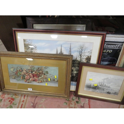 35 - A SELECTION OF FRAMED AND GLAZED PICTURES AND PRINTS TO INCLUDE A STILL LIFE WATERCOLOUR OF ROSEHIP ... 